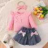 Amazon Conjunto de Tres Piezas para Bebé Niña Primavera y Otoño: Top Rosa de Manga Larga + Falda Plisada de Mezclilla con Lazo + Diadema