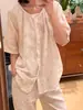 ¡Nuevo estilo! Pijama de doble capa de gasa 100% algodón con cuello redondo, manga corta y pantalón largo, ropa de casa linda de dibujos animados de corte holgado
