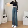 Jeans Retrô de Cintura Larga com Botões Duplos Estilo Americano Feminino Primavera e Outono Emagrecedor Tamanho Plus High Street Calça Reta Tendência Ins