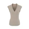 Chaleco sin mangas de punto de seda helada color avena estilo coreano con cuello en V para mujer, estilo verano Old Money, borde enrollado, corte ajustado, top corto