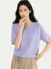 Camiseta de Jacquard de Lino Tencel con Cuello Redondo, Calada, Dobladillo Enrollado, Manga Corta para Mujer, Verano, Nuevo Color Sólido, Top de Punto Holgado Casual