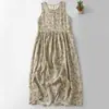Vestido de Algodão e Linho Estampado Estilo Chinês Feminino Verão 2024 Novo Solto Elegante Gola Redonda Sem Mangas Floral Longo