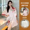 Bata de Noche de Verano para Mujer, Seda de Hielo, Pijama de Verano de Alta Gama, Nuevo Estilo Largo de Manga Corta de Seda, Ropa de Casa Holgada de Tallas Grandes para Mujeres de Tallas Grandes