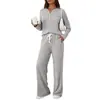 Conjunto informal de punto acanalado cepillado de dos piezas para otoño/invierno 2026, europeo y americano, con mangas largas holgadas y pantalones largos