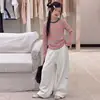 Conjunto de Primavera e Outono para Meninas 2026 Novo Conjunto Casual Estilo Coreano para Meninas Mais Velhas: Conjunto de Blusa Listrada e Calça de Moletom
