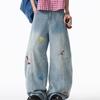 Comercio Transfronterizo Jeans de Pierna Ancha con Pedrería de Color Claro para Mujer, Otoño 2025 Nuevo Cintura Alta con Diseño Bordado, Rectos Adelgazantes