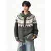 Suéter de punto jacquard Fair Isle para hombre, chaqueta cárdigan de cuello alto con solapa, botones de cuerno, otoño invierno, venta al por mayor de fábrica transfronteriza