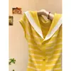 Top de punto de manga corta con cuello a rayas azul marino para mujer, nuevo estilo de verano, versátil, rejuvenecedor, adelgazante, top elegante, color de la foto, talla única