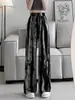 Calça de Seda Gelada Estampada Estilo Chinês para Mulheres, Calça de Seda Gelada de Perna Larga Pintura a Tinta de Verão, Calça Reta Solta Emagrecimento Comprimento Total