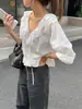 Camisa de Manga Abullonada con Volantes Estilo Coreano Fan Sun Xh Estilo Nuevo de Otoño Dongdaemun Top de Color Sólido Suave y Dulce para Mujer