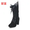 2026 Em Estoque Estação Independente da Amazon Wish Europa e América Comércio Exterior Renda Plus Size Salto Alto Feminino Botas de Cano Médio Botas de Couro Femininas