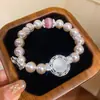 Elegante e requintado! Pulseira de pérolas com laço de zircônia e cristais rosas, joia de nicho estilo vintage francês para mulheres