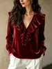 2026 Ropa de mujer transfronteriza europea y americana Amazon otoño nuevo terciopelo cuello en V con volantes elegante camisa top
