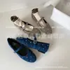 Zapatos Blue Mary Jane Sheep Turn-off para Mujer Tacones Planos Primavera Nuevo Punta Redonda Hebilla Remache Parte Superior Baja Capa Única Zapatos Mujer