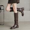 Versión de Piel de Vaca ~ Botas Vaqueras Retro Occidentales para Mujer, Punta Redonda, Hebilla Metálica, Solapa de Dos Usos, Aspecto Adelgazante, Tacón Grueso, Botas de Caballero