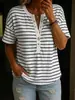 2026 Nueva Camiseta de Manga Corta con Cuello Henley Rayado de Color Sólido Estilo Europeo y Americano para Mujer, Top Holgado Casual con Botones y Cuello Semiabierto