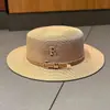 Sombrero de Sol de Verano para Playa para Mujer con Logo R de Pedrería de Moda Sombrero de Paja con Protección Solar Cinturón Francés Retro