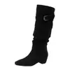 Estilo Coreano 2026 Invierno Hebilla de Cinturón Nueva Botas Apiladas Punta Cuadrada de Moda Tacón de Cuña que Aumenta la Altura Interior Botas Altas Versátiles de Caña Larga para Mujer