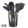 Mango de Madera con Cubo Set de 12 Utensilios de Cocina de Silicona Espátula Cuchara para Sopa Colador Batidor de Huevos para el Hogar Brocha para Aceite de Barbacoa Pinza para Alimentos