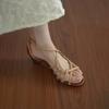 Sapatos Romanos de Salto Alto Estilo Feriado Vazados Tecidos à Mão para Mulheres no Verão com Dedos Abertos e Sandálias de Saia