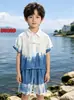 Traje de verano para bebé niño 2025 original planta pura Radix Isatidis corbata tie-dye azul hecha a mano