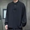 Top holgado estilo Tang, cuello mandarín, camiseta casual de manga larga para hombre, mezcla de lino, adecuado para primavera y otoño, estilo casual, con botones decorativos, talla grande, nuevo estilo chino