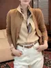 Cardigan de Tricô Falso Duas Peças Color-Block Estilo Old Money para Mulheres, Nova Coleção de Outono, Gola Reversível Cinza, Top Casual Soltinho