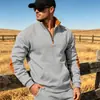 Moletom de Outono e Inverno Europeu e Americano Transfronteiriço Masculino com Caimento Solto, Bloco de Cores da Moda, Patch, Meio Zíper, Forro de Fleece, Tamanho Grande, Gola Alta