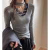 Camiseta Base Sexy Americana Seleccionada Cuidadosamente para Mujer, Diseño de Camiseta de Manga Larga con Encaje de Empalme en Cuello en V Hombro Derecho Top Halter para Ropa Interior