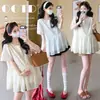2026 Nuevo Estilo Coreano Bordado Lunares Patchwork Gasa Holgado Top Babydoll + Pantalones Cortos de Soporte para el Vientre de Maternidad