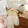 Enterizo de Malla Floral de Verano para Niña, Vestido Body de Princesa Amarillo con Volantes sin Mangas y Tul Abullonado para Bebé
