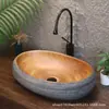 Lavabo de encimera retro con veta de madera sintética, lavabo creativo grande de forma ovalada para balcones de casa de huéspedes