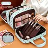Bolsa de maquillaje de lunares verde menta, neceser portátil de gran capacidad para viajes, bolsa de almacenamiento de cosméticos impermeable con tres capas compartimentadas