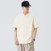 Camisa Polo de Verão para Homens, Estilo Retro Americano, Gola Henley, Manga Curta, Camiseta de Algodão Puro Pesado, Caimento Solto, Top de Cor Sólida