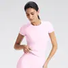 Camiseta Casual Fitness Esportiva de Manga Curta com Gola Redonda Sem Costura Transfronteiriça Slim Fit Justa Roupa de Yoga para Mulheres
