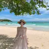 Vestido Largo Rosa Estampado con Tirantes Finos para Mujer, Estilo Vacaciones en la Playa, Cuello en V con Volantes, Rejuvenecedor, Impresionante y Único