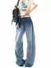 Jeans de Mezclilla Lavada con Estampado de Estrellas Retro Americano para Hombres y Mujeres Marca de Moda Sueltos Versátiles Rectos Pierna Ancha Pantalones Largos hasta el Suelo