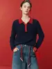 Suéter de punto trenzado con bloques de color retro y cuello polo para mujer, adecuado para primavera y otoño, ropa de Año Nuevo, top suave y acogedor de manga larga