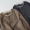 Suéter Feminino de Lã, Gola Redonda, Caimento Solto, Color Blocking, Falso Duas Peças, Moda Outono e Inverno, Suéter Emagrecedor, Segunda Pele de Caxemira