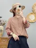 Camisa de Fio de Algodão de Camada Dupla para Primavera e Outono, Artística e Fresca, Solta, Casual, com Gola Alta, Manga Longa, Camada Base, Roupa de Exterior