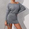 Bai Fen Zhi Yi Comercio Exterior 2025 Nueva Ropa Europea y Americana para Mujer Transfronteriza Manga Larga Manga Murciélago Color Sólido Vestido de Otoño