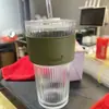 Taza de Vidrio de Gran Capacidad de Moda con Tapa y Popote, Vaso de Agua con Raya Vertical, Vaso de Vidrio con Raya Vertical para Bebidas Frías, Vaso para Jugo, Taza de Café