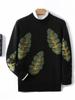 100 lã suéter masculino gola redonda folhas jacquard engrossado suéter de malha jovem casual quente cashmere base camisa na moda