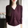 Cárdigan de punto V de lana soluble en agua para principios de primavera, otoño y verano, de manga larga, color liso, fino, holgado, chaqueta superior versátil para mujer
