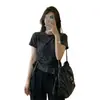 Camiseta de Manga Corta Regular con Volantes, Patchwork y Tie-Dye para Mujer, Verano, Ligeramente Gordita, Elegante, Favorecedora, Cintura Ceñida, Top Irregular