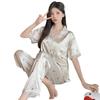 Pijama feminina de verão nova de manga curta borboleta onda francesa pura borda de renda roupa de casa seda gelo duas peças atacado
