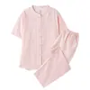 Pijama de Gaze de Camada Dupla Nishikawa Muji Japonês para Mulheres Algodão Puro Novo Estilo Manga Curta Calça Longa Gola Redonda Roupa de Casa Conjunto Casal