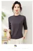 Camiseta Básica Feminina Estilo Coreano Temperamento Gola Meio Alta Manga Média Cor Sólida Simples Slim Fit Manga de Cinco Pontos Para o Trabalho Top Suave