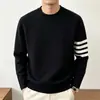 Suéter Tricô Masculino Gola Redonda Patchwork Simples Três Listras Estilo Coreano Outono Inverno Estilo Preguiçoso Solto Versátil Pulôver para Casal