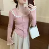 Cardigan Ladylike com Gola de Renda Elegante e Sofisticado Outono 2025 Novo Estilo Coreano Versátil Emagrecedor Tricô Casual para Mulheres
